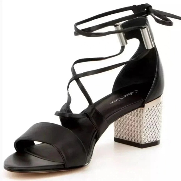 Calvin Klein Natania Black Leather Strappy Lace Up Dress Sandals Silver Heel 7 - Picture 1 of 11